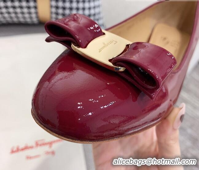 Best Quality Salvatore Ferragamo Patent Leather Bow Pumps 2.5cm 051236 Burgundy/Gold 2021