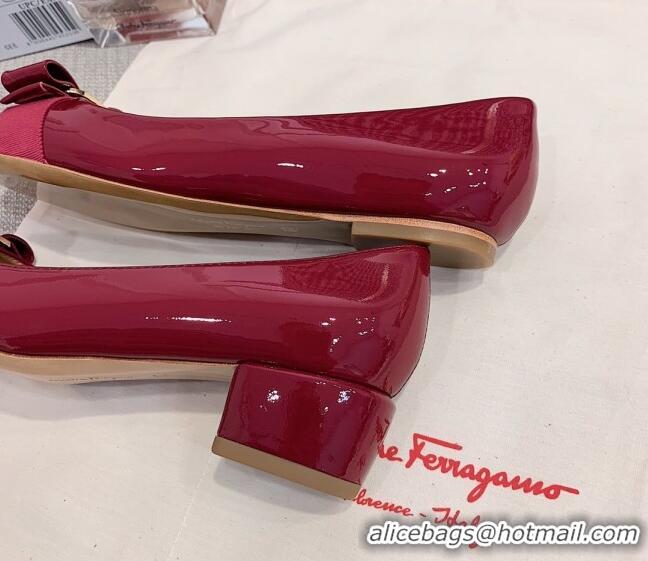 Best Quality Salvatore Ferragamo Patent Leather Bow Pumps 2.5cm 051236 Burgundy/Gold 2021