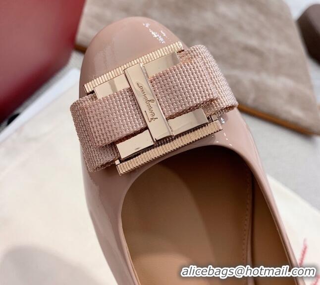 Discount Salvatore Ferragamo Patent Leather Bow Flat Ballerinas 051241 Nude 2021