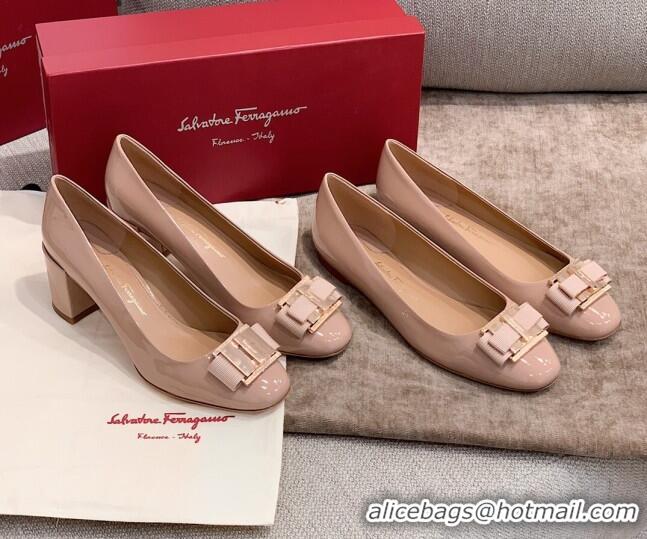 Discount Salvatore Ferragamo Patent Leather Bow Flat Ballerinas 051241 Nude 2021