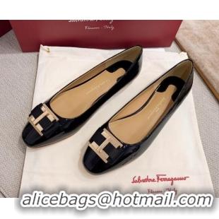 New Style Salvatore Ferragamo Patent Leather Bow Flat Ballerinas 051241 Black 2021