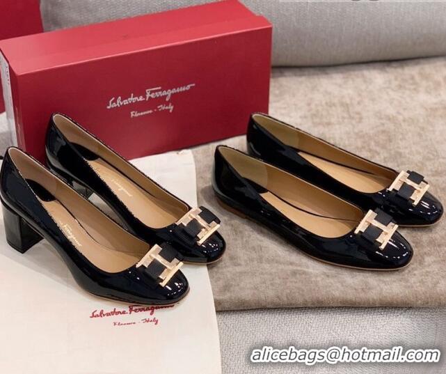 New Style Salvatore Ferragamo Patent Leather Bow Flat Ballerinas 051241 Black 2021