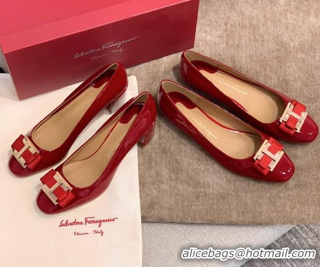 Super Quality Salvatore Ferragamo Patent Leather Bow Flat Ballerinas 051241 Red 2021