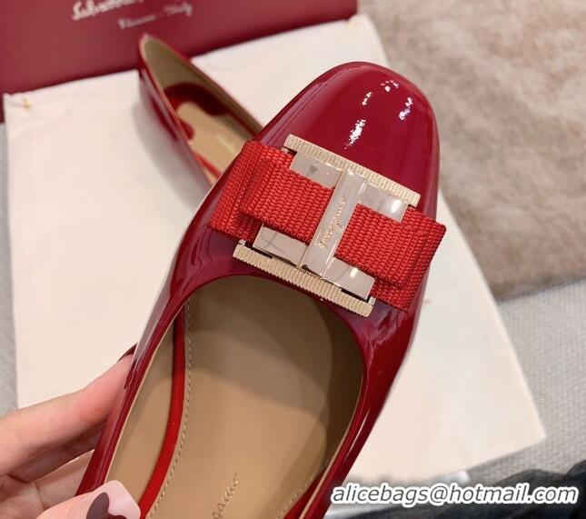 Super Quality Salvatore Ferragamo Patent Leather Bow Flat Ballerinas 051241 Red 2021