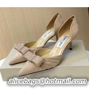 Top Quality Jimmy Choo Crystal Bow Mid-Heel Pumps 121824 Apricot