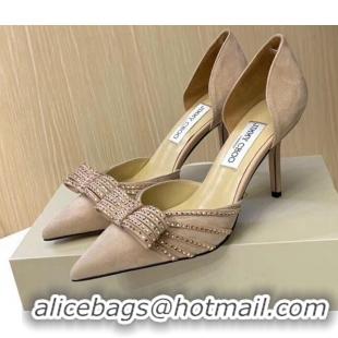 Best Quality Jimmy Choo Crystal Bow Mid-Heel Pumps 121827 Apricot