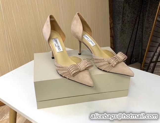 Best Quality Jimmy Choo Crystal Bow Mid-Heel Pumps 121827 Apricot