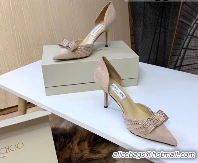 Best Quality Jimmy Choo Crystal Bow Mid-Heel Pumps 121827 Apricot