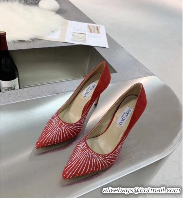 AAAAA Jimmy Choo Suede Crystal High-Heel Pumps 011631 Red