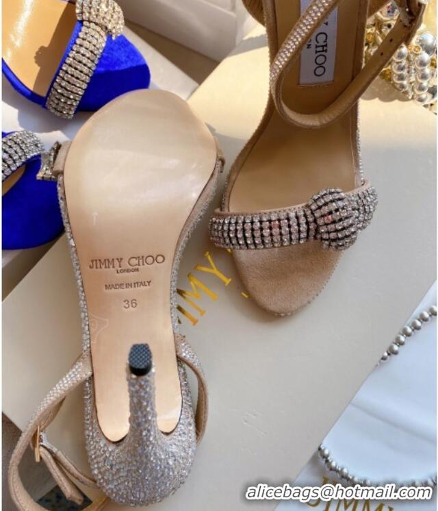 Stylish Jimmy Choo THYRA 100 Suede Sandals with Pavé Crystal Cord 061761 Nude