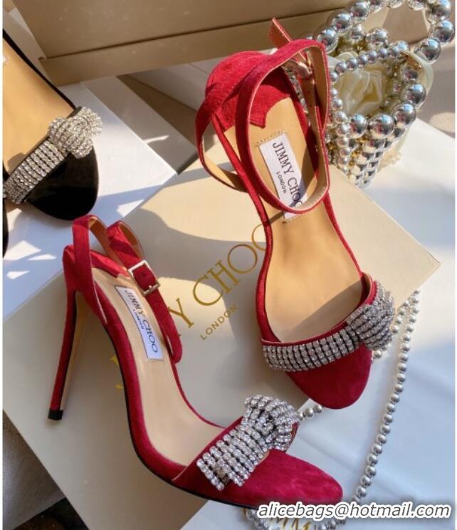 Best Price Jimmy Choo THYRA 100 Suede Sandals with Pavé Crystal Cord 061761 Red