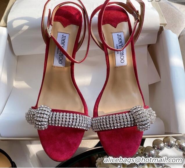 Best Price Jimmy Choo THYRA 100 Suede Sandals with Pavé Crystal Cord 061761 Red