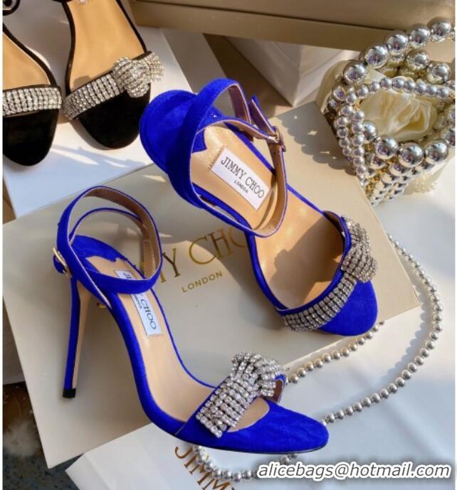 Good Quality Jimmy Choo THYRA 100 Suede Sandals with Pavé Crystal Cord 061761 Blue