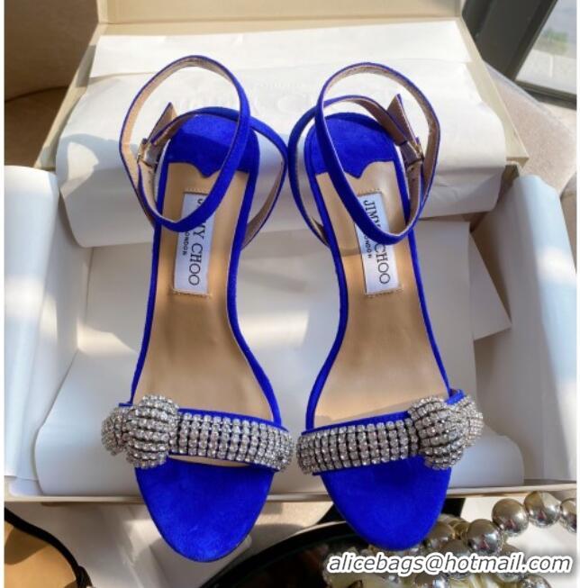 Good Quality Jimmy Choo THYRA 100 Suede Sandals with Pavé Crystal Cord 061761 Blue