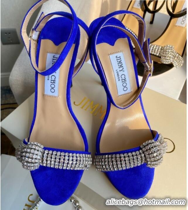 Good Quality Jimmy Choo THYRA 100 Suede Sandals with Pavé Crystal Cord 061761 Blue