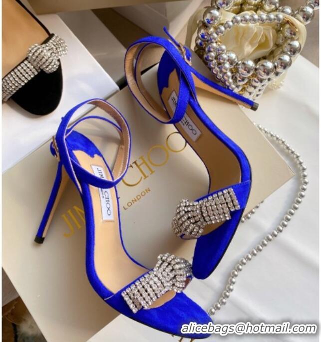 Good Quality Jimmy Choo THYRA 100 Suede Sandals with Pavé Crystal Cord 061761 Blue