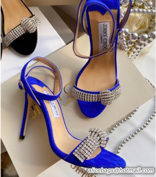 Good Quality Jimmy Choo THYRA 100 Suede Sandals with Pavé Crystal Cord 061761 Blue