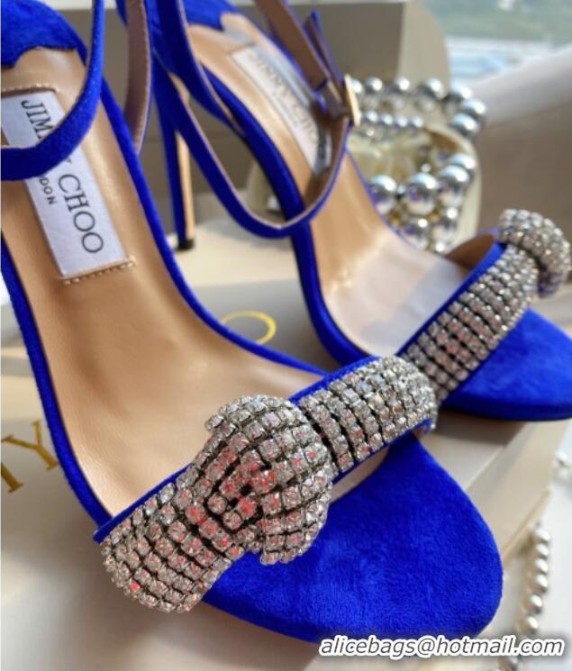 Good Quality Jimmy Choo THYRA 100 Suede Sandals with Pavé Crystal Cord 061761 Blue