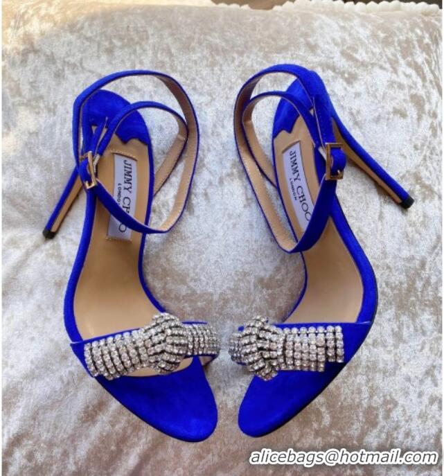 Good Quality Jimmy Choo THYRA 100 Suede Sandals with Pavé Crystal Cord 061761 Blue