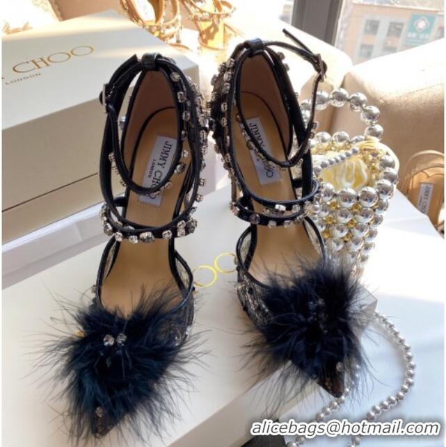 Duplicate Jimmy Choo ODETTE 100 Lace Wraparound Heels Pump with Feather and Crystal 061765 Black