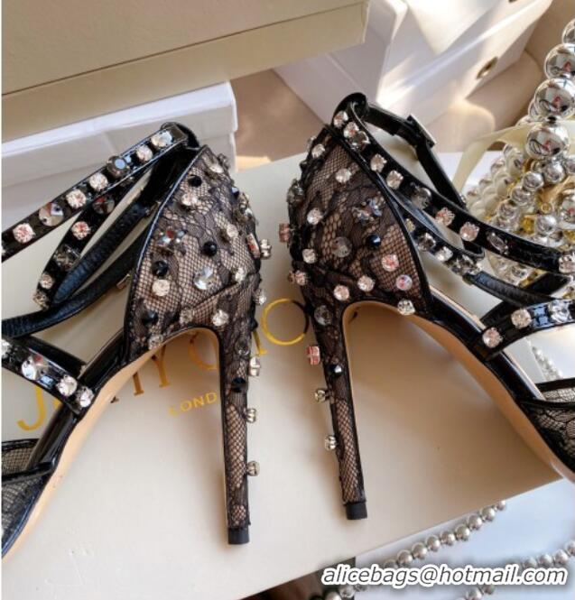 Duplicate Jimmy Choo ODETTE 100 Lace Wraparound Heels Pump with Feather and Crystal 061765 Black