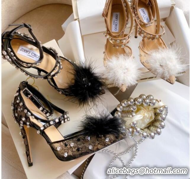 Duplicate Jimmy Choo ODETTE 100 Lace Wraparound Heels Pump with Feather and Crystal 061765 Black