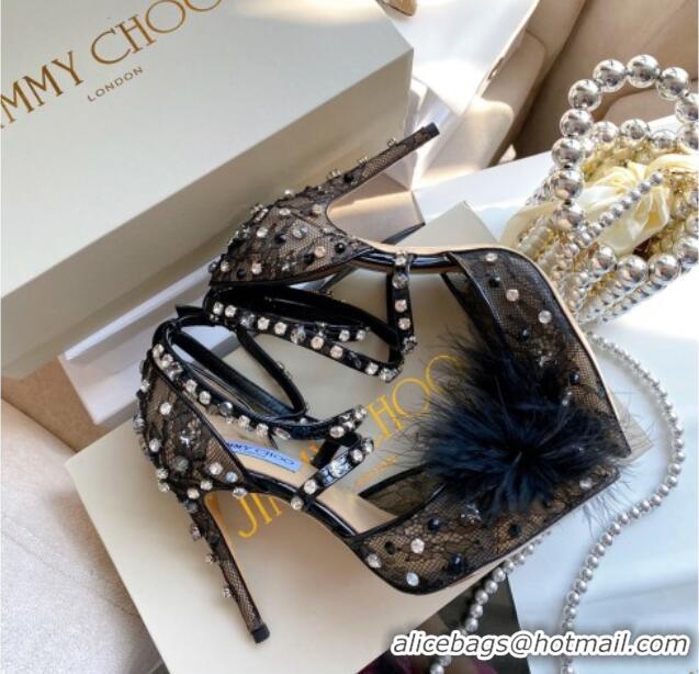 Duplicate Jimmy Choo ODETTE 100 Lace Wraparound Heels Pump with Feather and Crystal 061765 Black