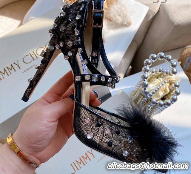 Duplicate Jimmy Choo ODETTE 100 Lace Wraparound Heels Pump with Feather and Crystal 061765 Black