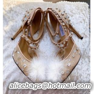 Duplicate Jimmy Choo ODETTE 100 Lace Wraparound Heels Pump with Feather and Crystal 061765 Beige