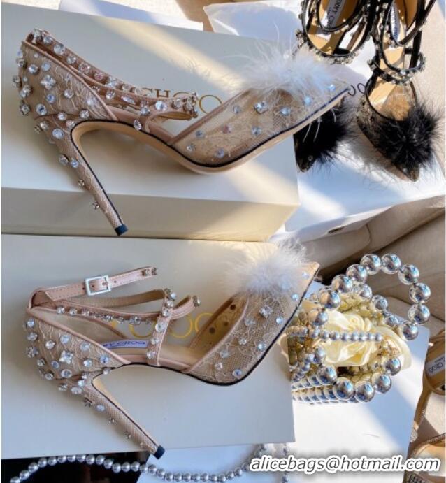 Duplicate Jimmy Choo ODETTE 100 Lace Wraparound Heels Pump with Feather and Crystal 061765 Beige