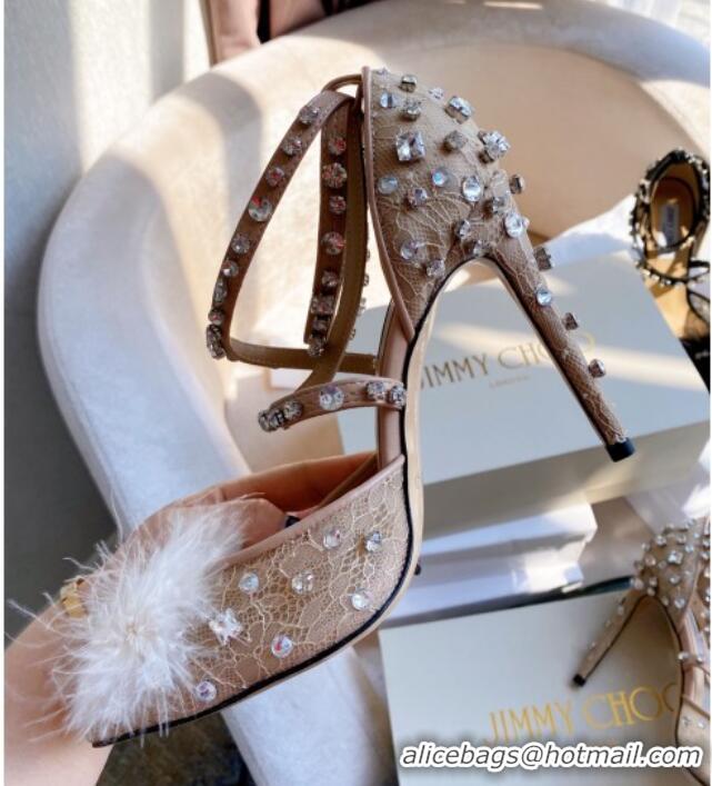 Duplicate Jimmy Choo ODETTE 100 Lace Wraparound Heels Pump with Feather and Crystal 061765 Beige