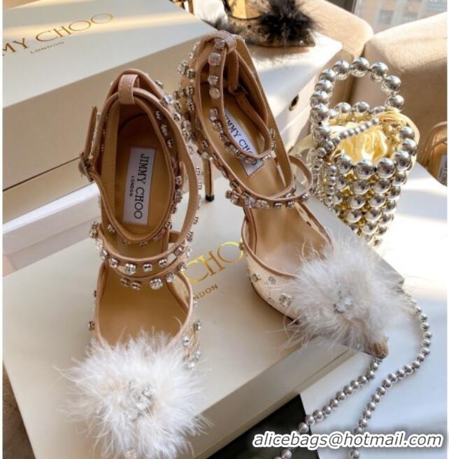 Duplicate Jimmy Choo ODETTE 100 Lace Wraparound Heels Pump with Feather and Crystal 061765 Beige