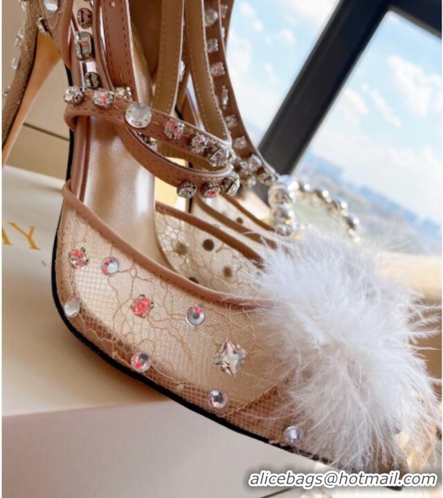 Duplicate Jimmy Choo ODETTE 100 Lace Wraparound Heels Pump with Feather and Crystal 061765 Beige