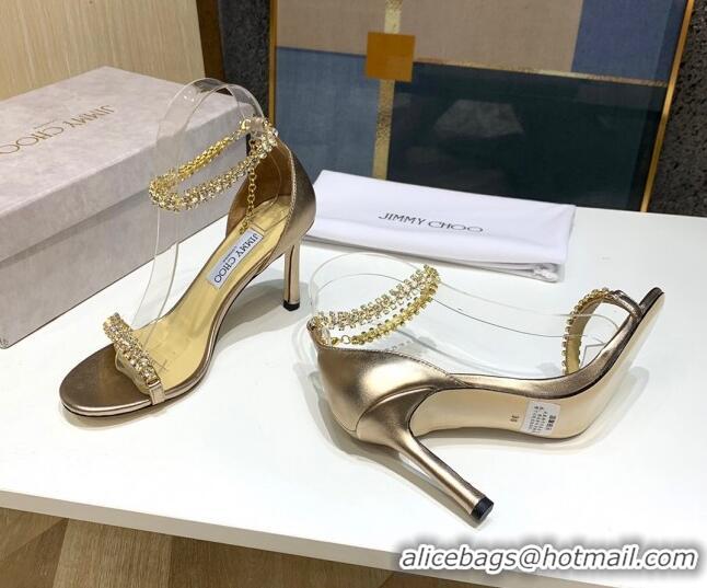 Low Cost Jimmy Choo Metallic Leather Crystal Heel Sandals 85mm 072433 Gold