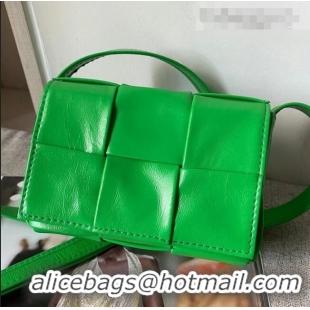 Discount Bottega Veneta Mini Cassette Bag in Woven Shiny Calfskin Parakeet BV2168 Green 2021