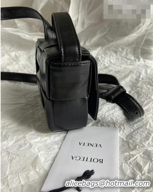 Top Design Bottega Veneta Mini Cassette Bag in Woven Shiny Calfskin BV2168 Black 2021