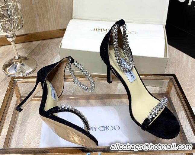 Grade Quality Jimmy Choo Suede Crystal Heel Sandals 85mm 072435 Black