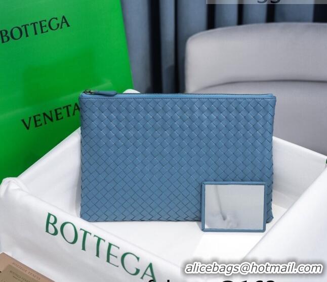 Good Quality Bottega Veneta Woven Lambskin Medium Pouch BV2174 Light Blue 2021