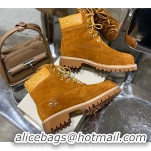 Stylish Jimmy Choo x Timberland Suede Wool Short Boots 111122 Tan Brown