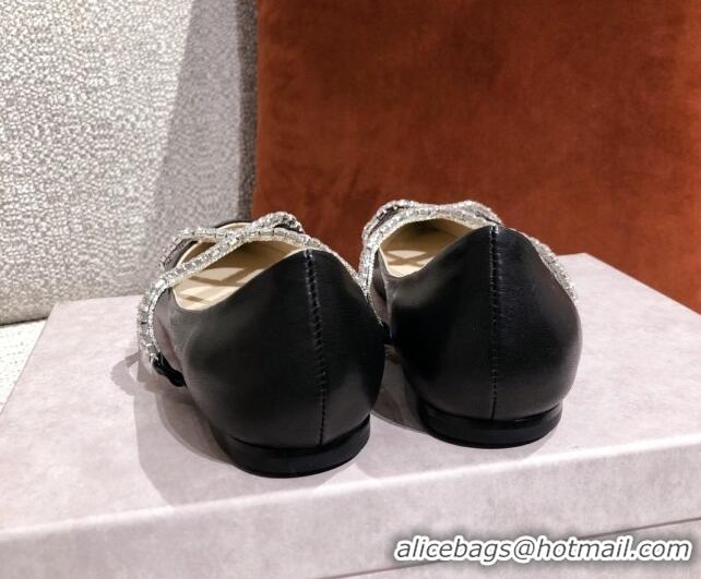 Good Quality Jimmy Choo Leather Crystal Strap Ballerinas 041003 Black 2021