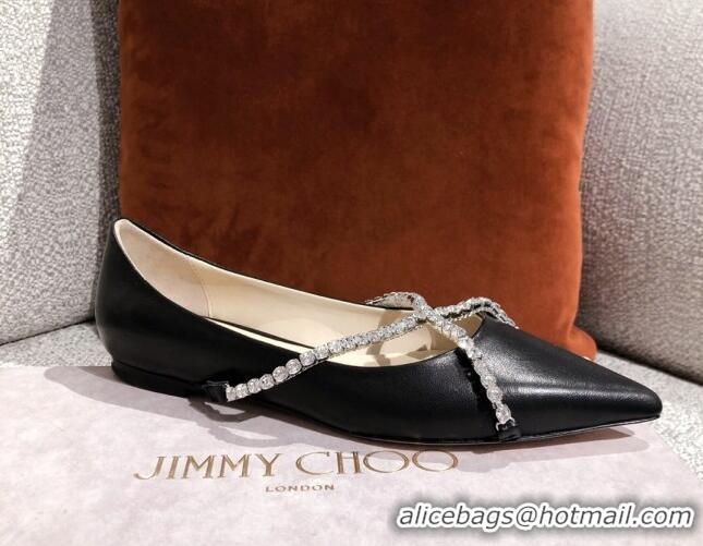 Good Quality Jimmy Choo Leather Crystal Strap Ballerinas 041003 Black 2021