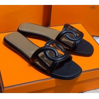 Unique Ladies  Hermes Aloha Calfskin Flat Slide Sandal 042918 Black 2021