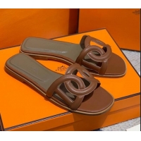 Top Quality Hermes Aloha Calfskin Flat Slide Sandal 042918 Brown 2021