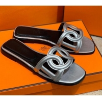 Good Product Hermes Aloha Calfskin Flat Slide Sandal 042918 Silver 2021