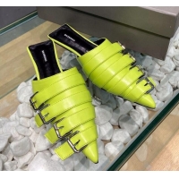 Pretty Style Balenciaga Shiny Lambskin Buckle Strap Flat Mules 033130 Kiwi Green 2021