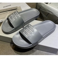 Good Quality Balenciaga Leather Language Print Flat Slide Sandals 040802 Grey 2021