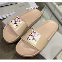 Luxurious Balenciaga Dogs Print Flat Slide Sandals 042886 Beige 2021