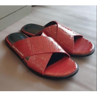 Good Looking Balenciaga Stone Embossed Patent Calfskin Cross Strap Flat Slide Sandals 050763 Red 2021