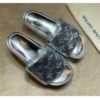 Luxury Cheap Louis Vuitton Jumbo Monogram Leather Flatform Slide Sandals 031024 Silver 2021