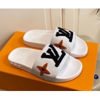 Good Quality Louis Vuitton Wool Logo Slide Sandals in Grained Calfskin 031109 White 2021 